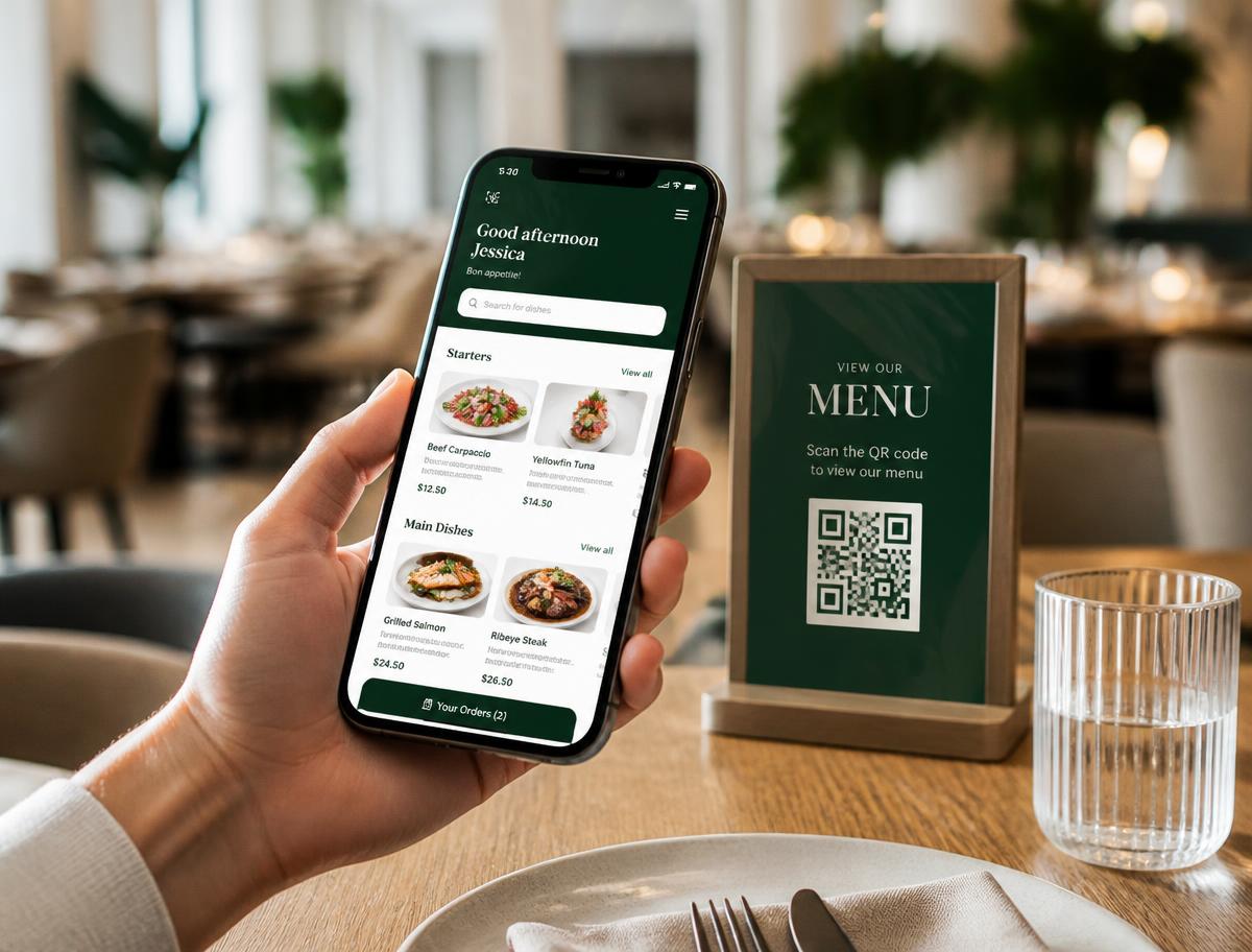 Guest scanning a table QR code to open a restaurant's digital menu